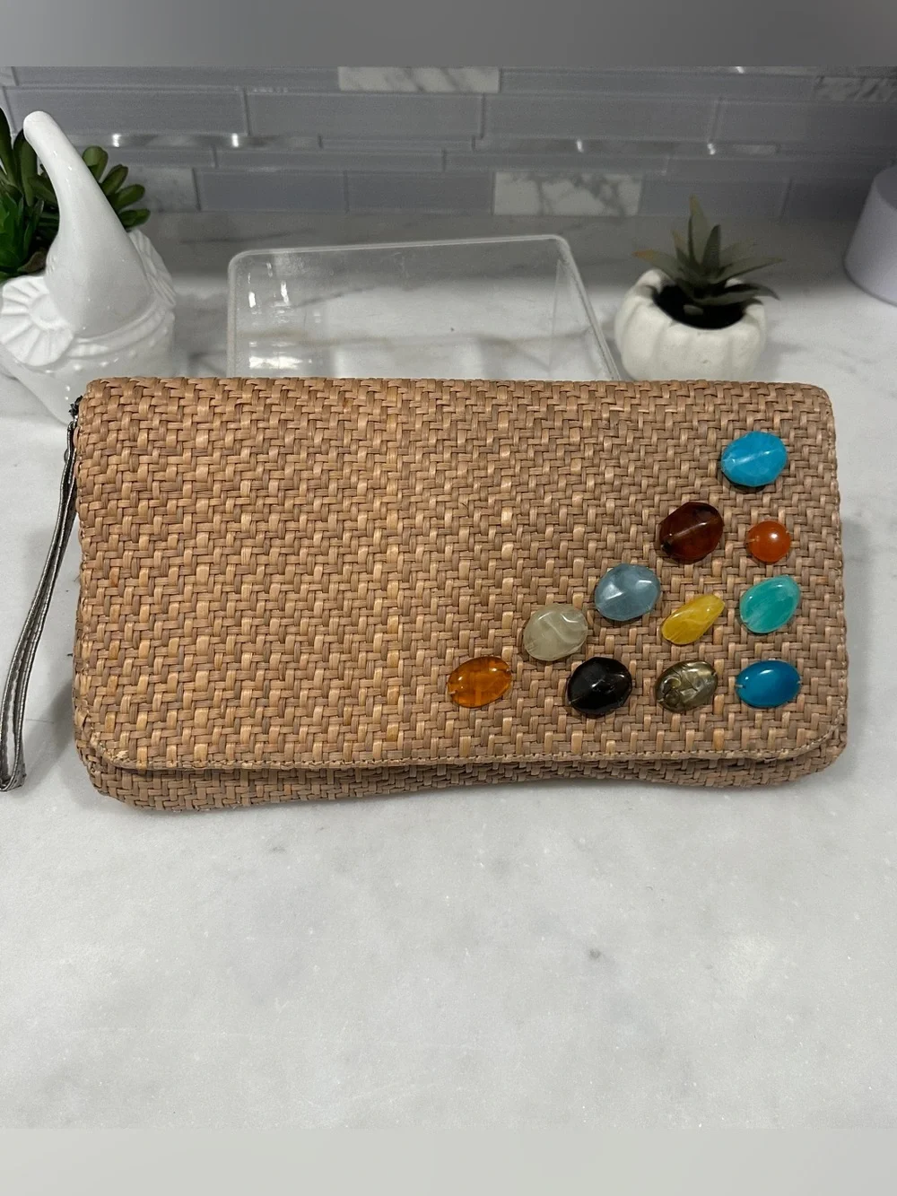 New York & Company Natural Straw Clutch with Multicolor Bead Accents